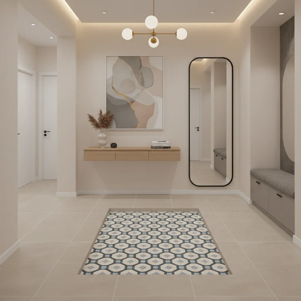 Entry hallway with patterned tile focal area surrounded by plain tiles