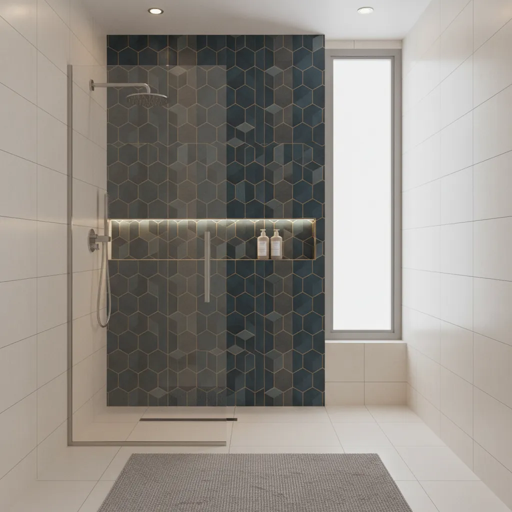 Bathroom shower feature wall with patterned tiles