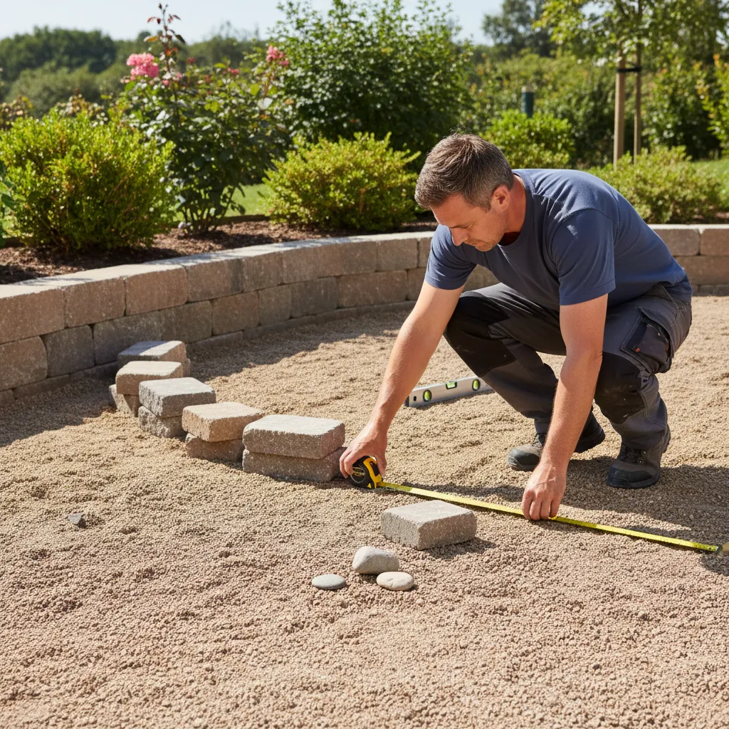 measuring layout for freestanding paver wall using tape and block samples