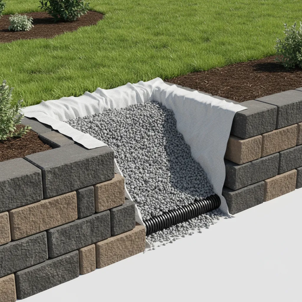 landscape retaining style paver wall with gravel drainage zone and perforated pipe behind wall
