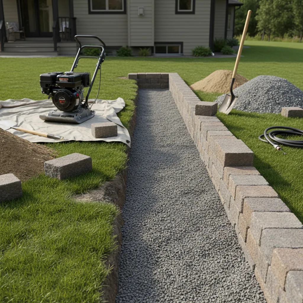 freestanding landscape paver wall showing compacted gravel foundation trench