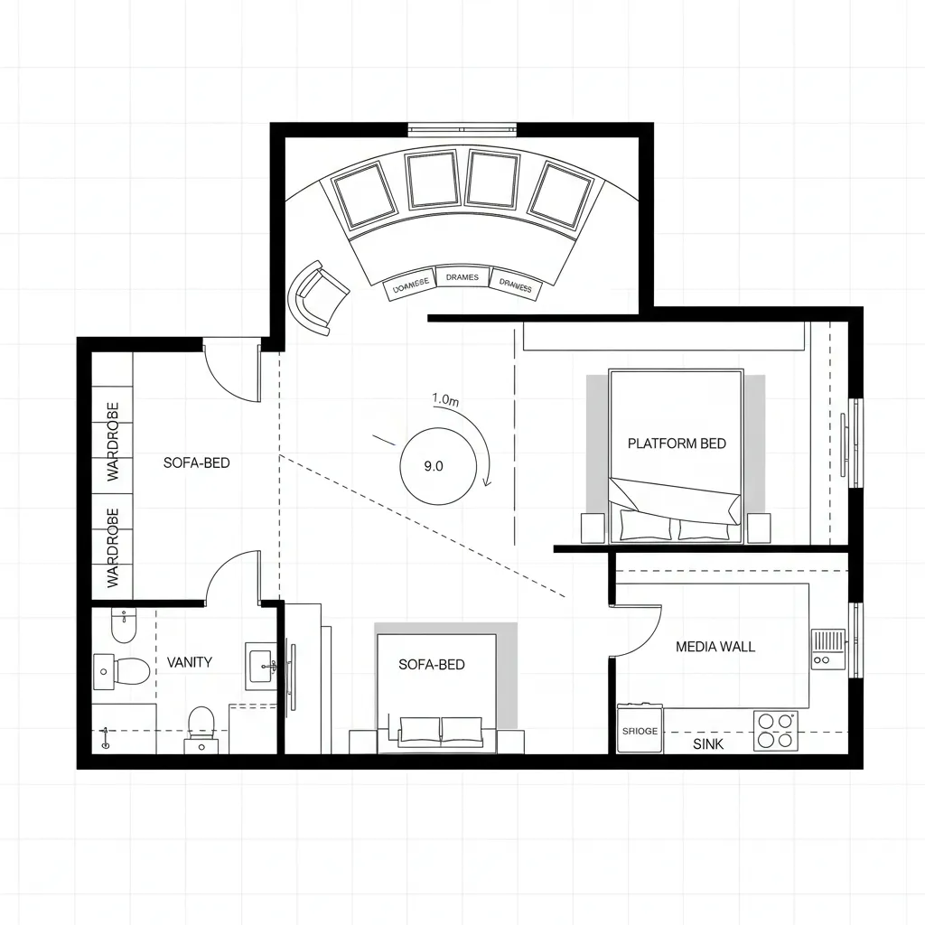 Studio apartment room layout showing platform bed sofa bed vanity bathroom and small kitchen windows