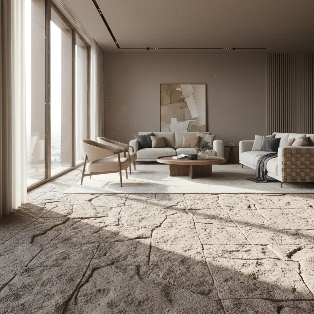 Spacious living room with textured stone floor beige sofas round coffee table and large windows