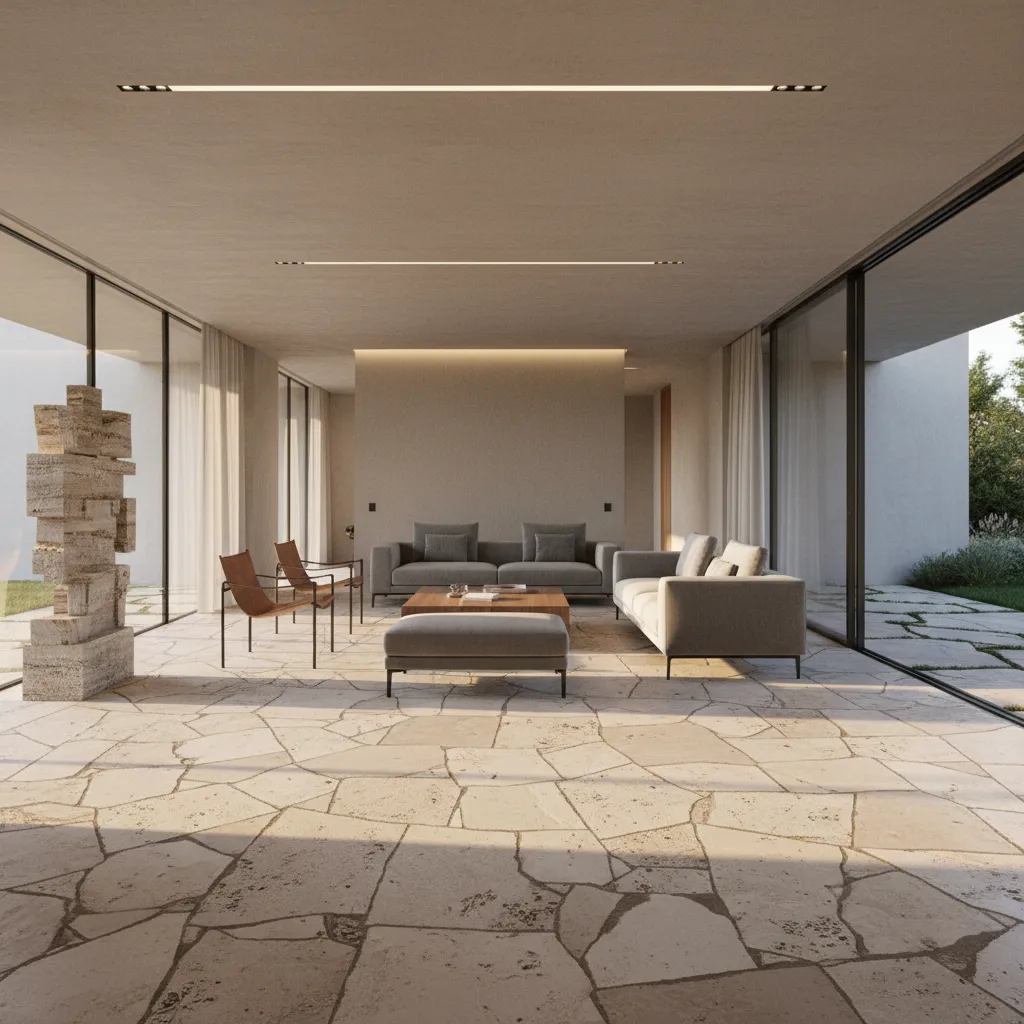Modern living room with irregular stone flooring grey sofas large windows and bright natural light
