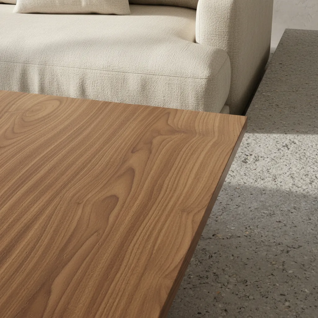 Close up render of realistic wood, fabric and stone materials using PBR textures