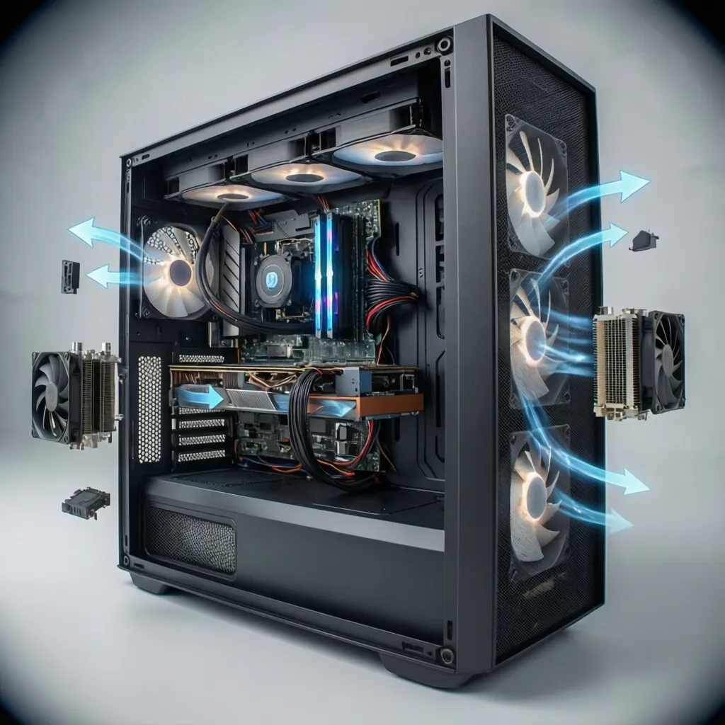 PC airflow diagram showing intake and exhaust cooling paths for long rendering sessions