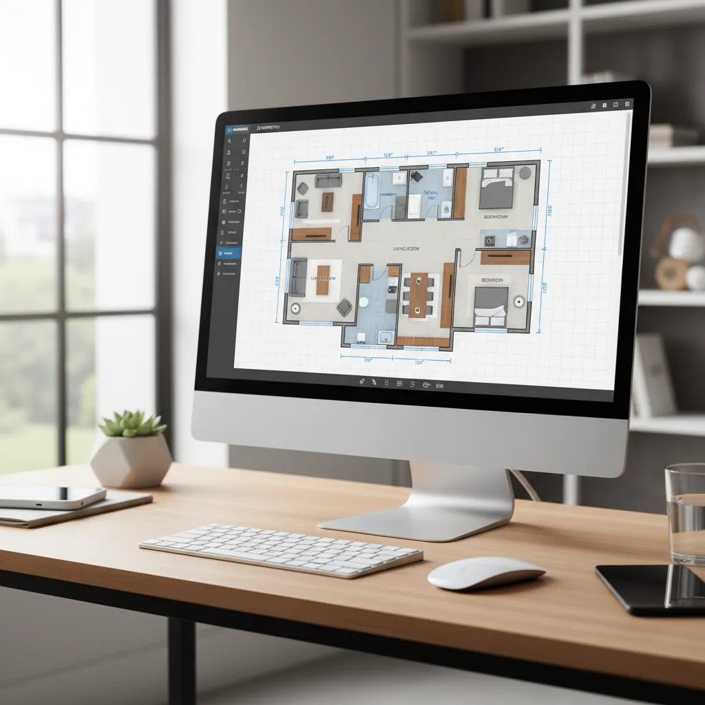 Computer screen displaying a digital home floor plan layout with furniture placement tools