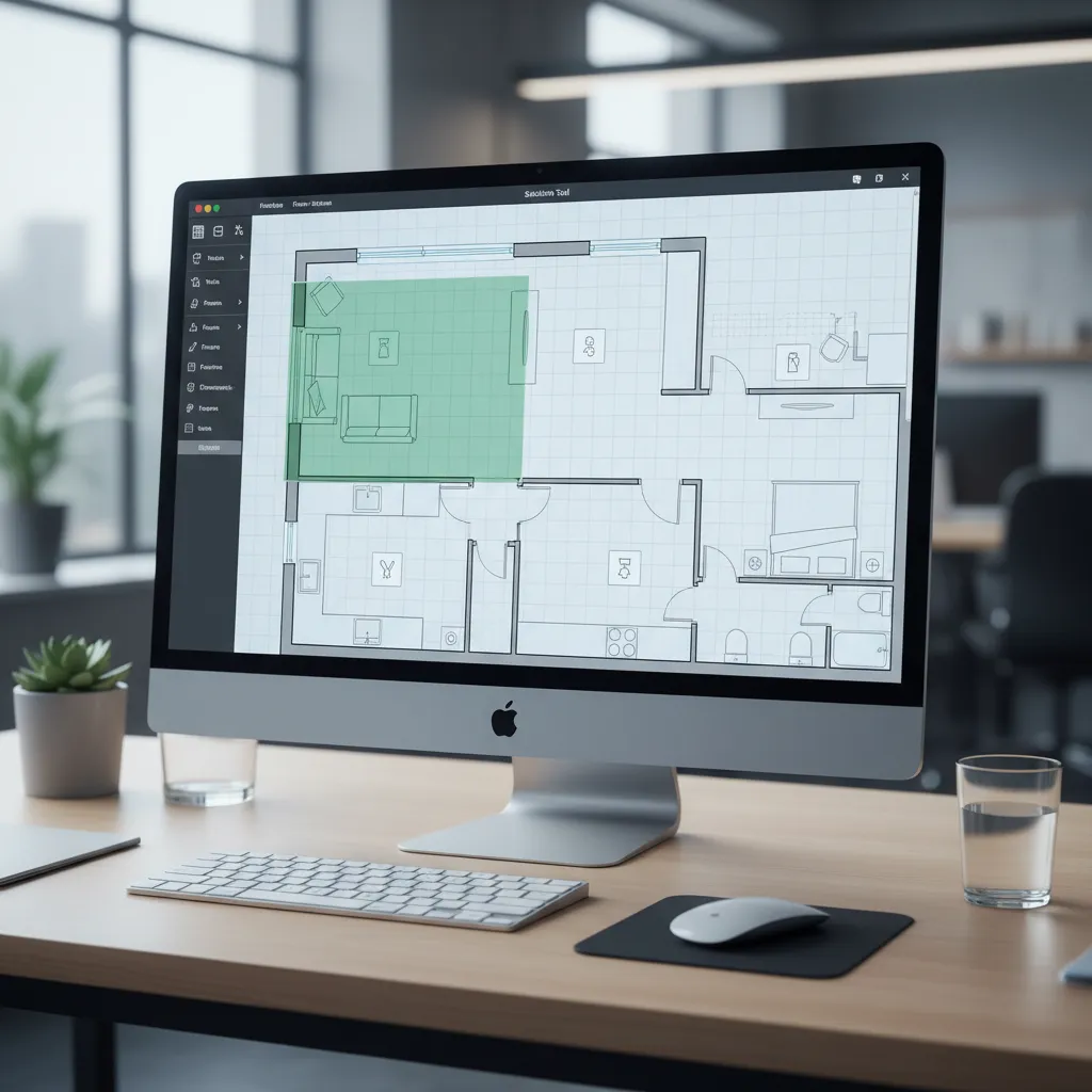 computer screen showing floor plan design interface with rooms and furniture layout