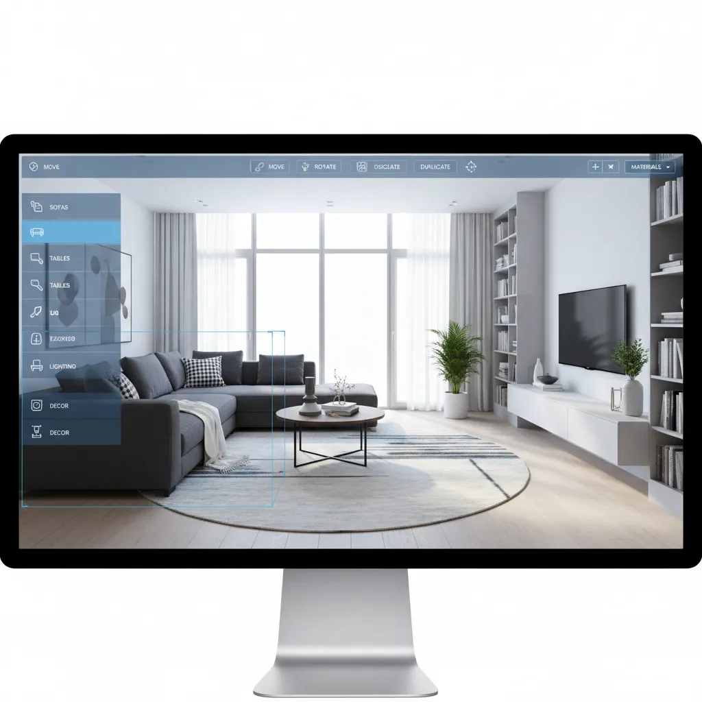 Interfaz de un juego de diseño de interiores mostrando una habitación en 3D