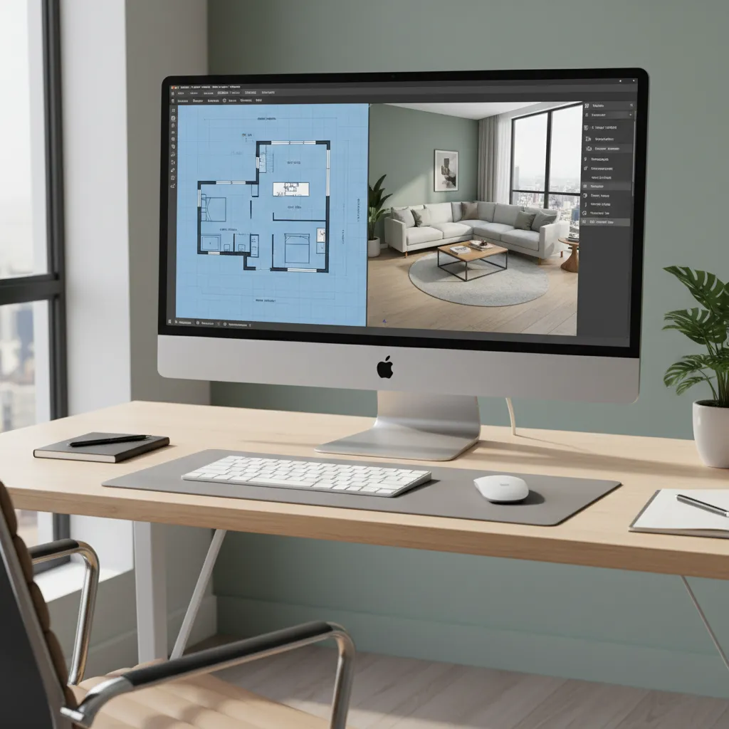 Computer screen showing home design software interface with floor plan and 3D preview
