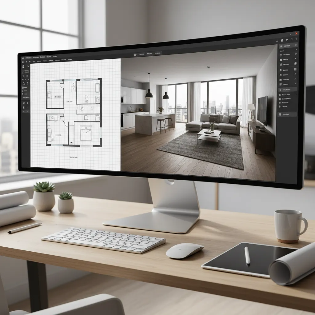 computer showing home design software interface with floor plan and 3D room view