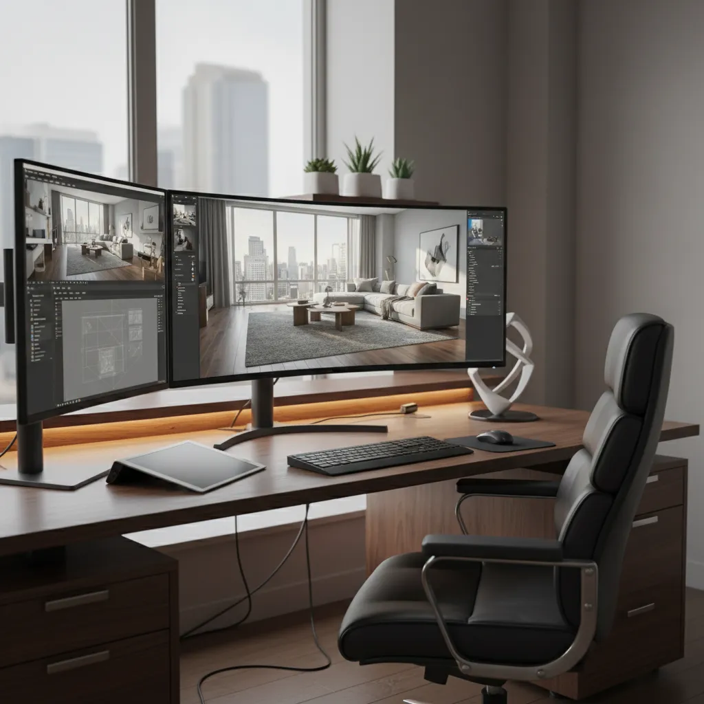 ordenador ejecutando software de renderizado interior 3D