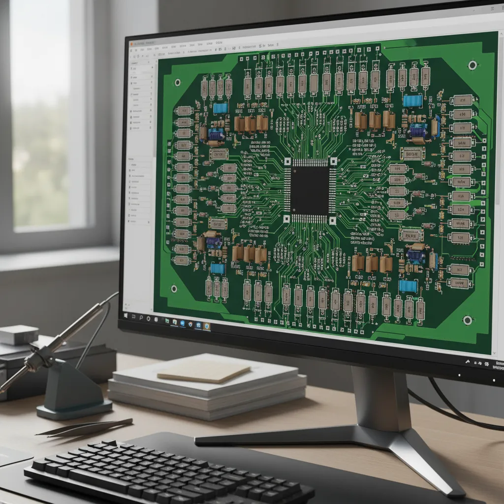Vista cercana de componentes electrónicos colocados en el diseño de una PCB