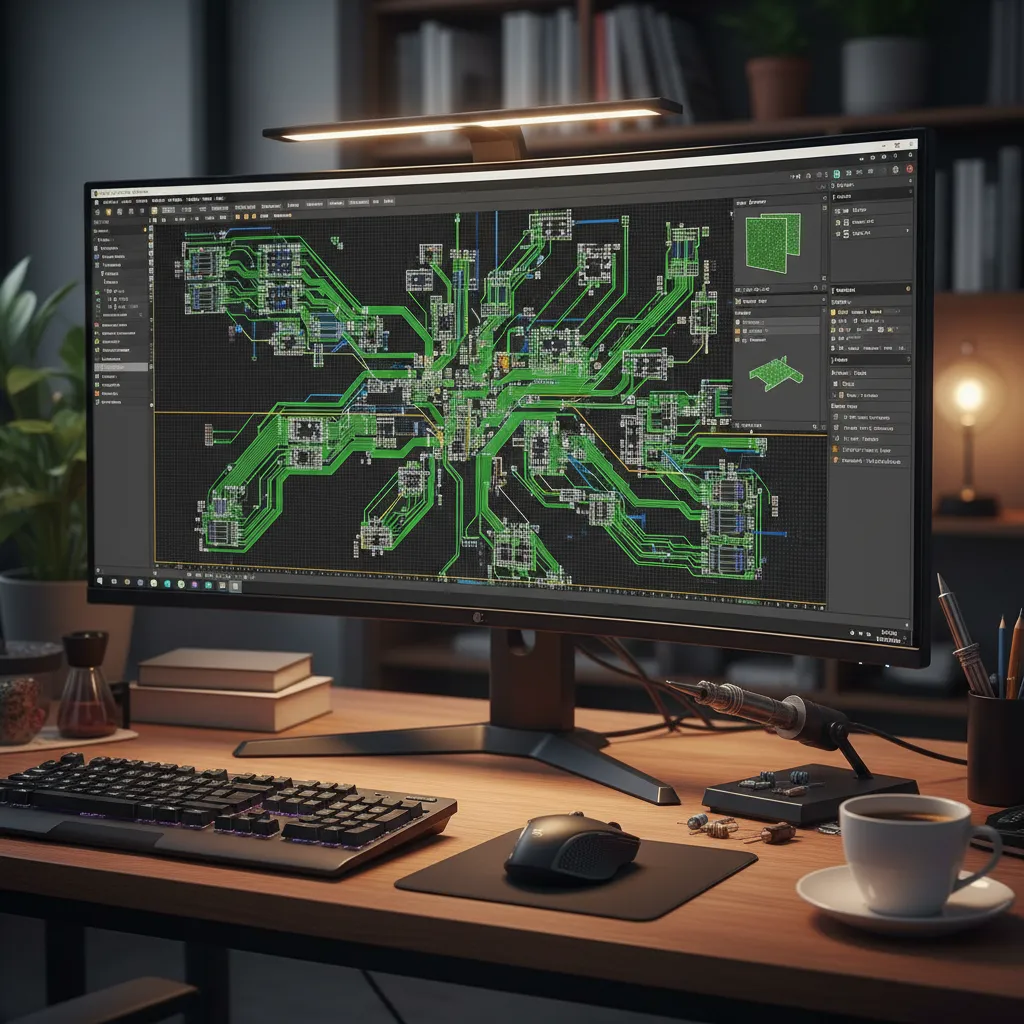 Pantalla de software mostrando el diseño de una placa PCB con pistas y componentes