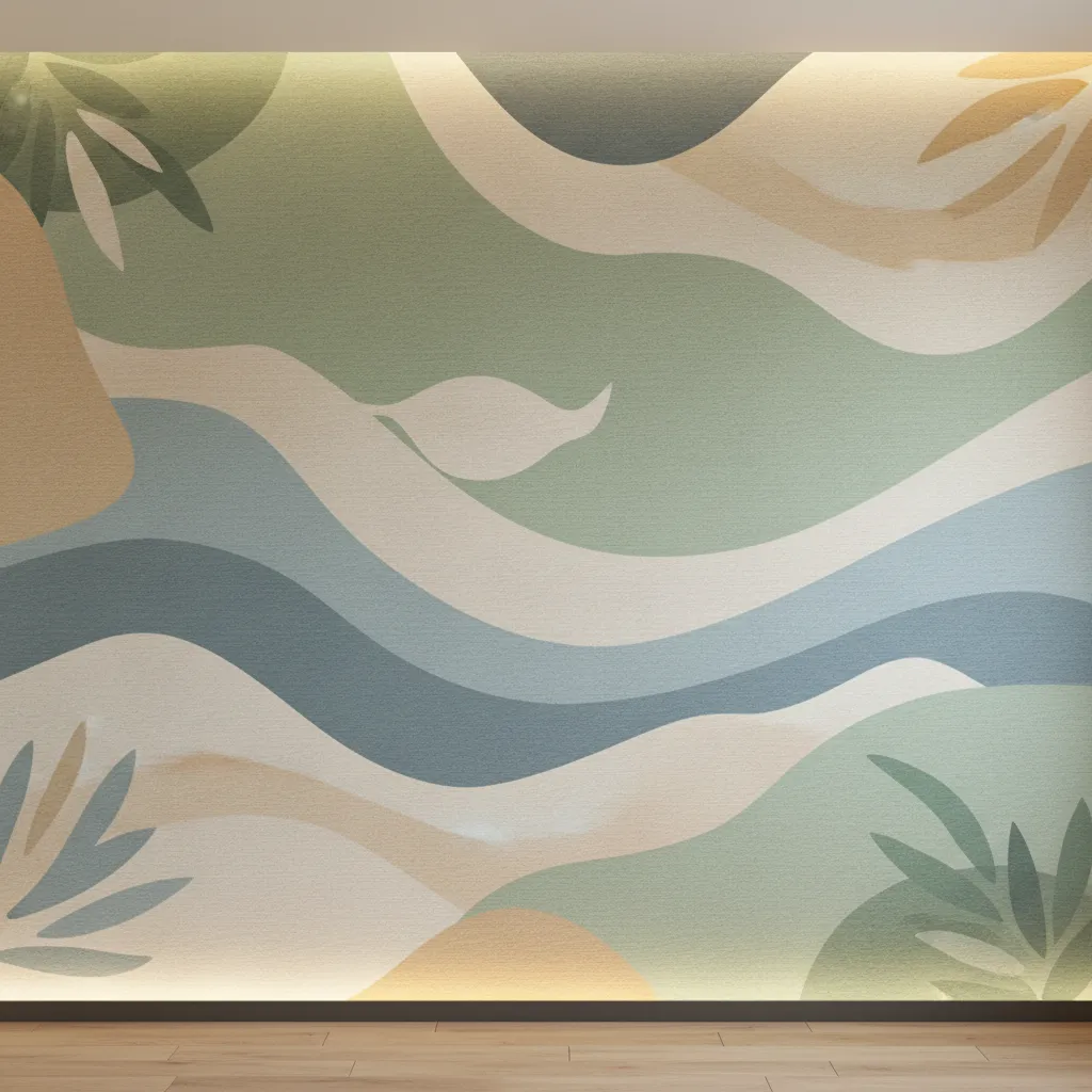 Wall mural showing soft blue green palette for peaceful design
