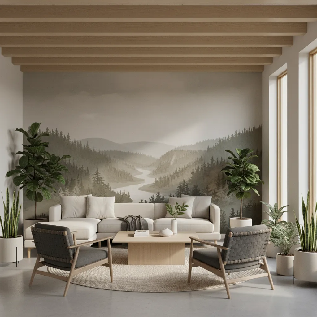 peace themed wall mural in modern living room with neutral decor