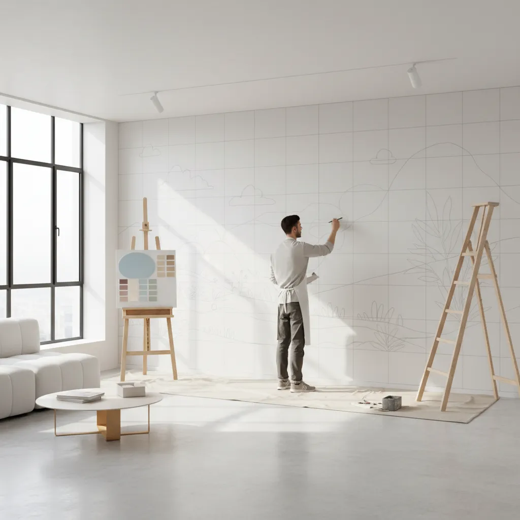 artist sketching peace mural outline on interior wall