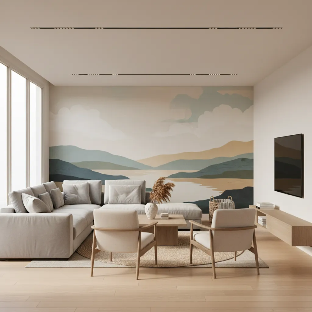 Interior layout showing balanced furniture placement around wall mural