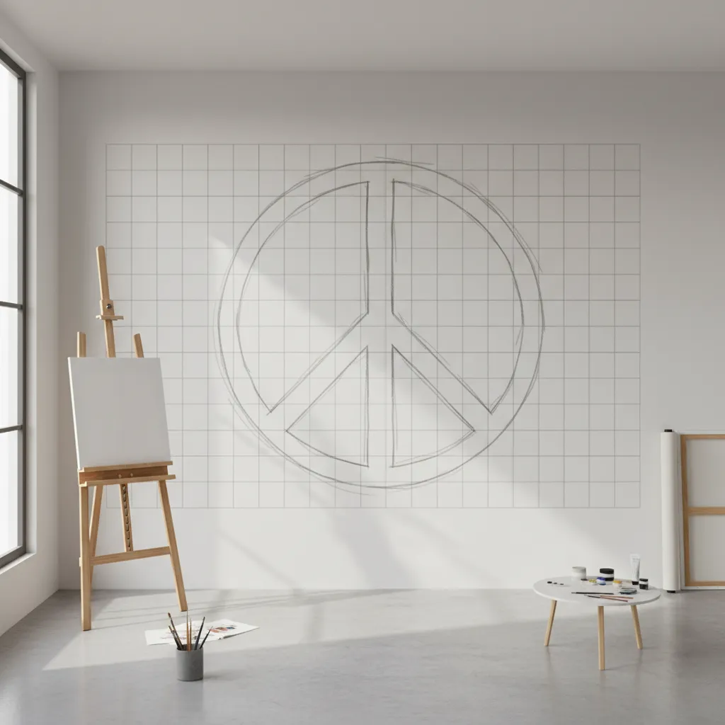 Sketch grid layout for planning a peace symbol wall mural