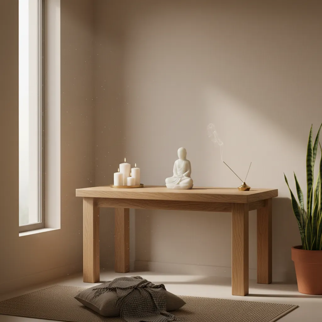 peaceful home altar setup with candles incense and natural materials