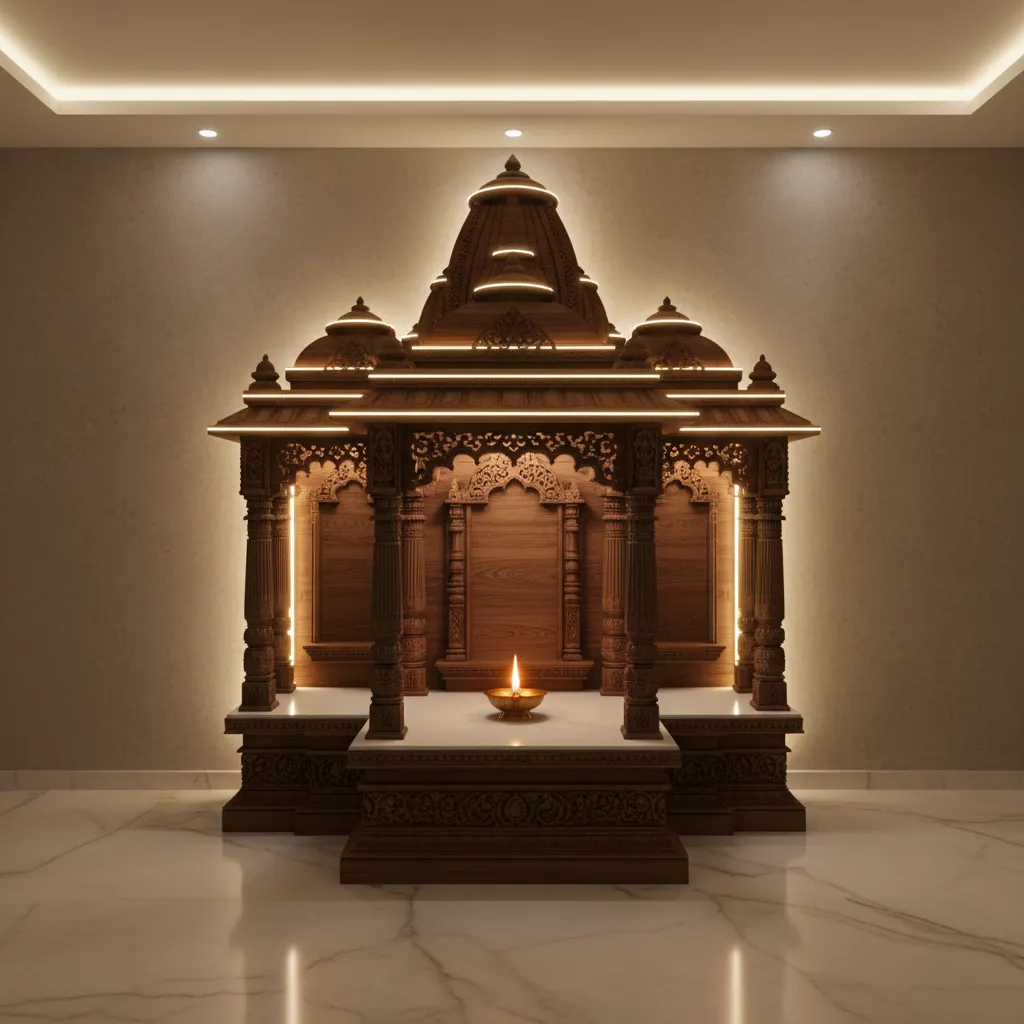 softly lit home mandir with warm lighting and calm spiritual atmosphere