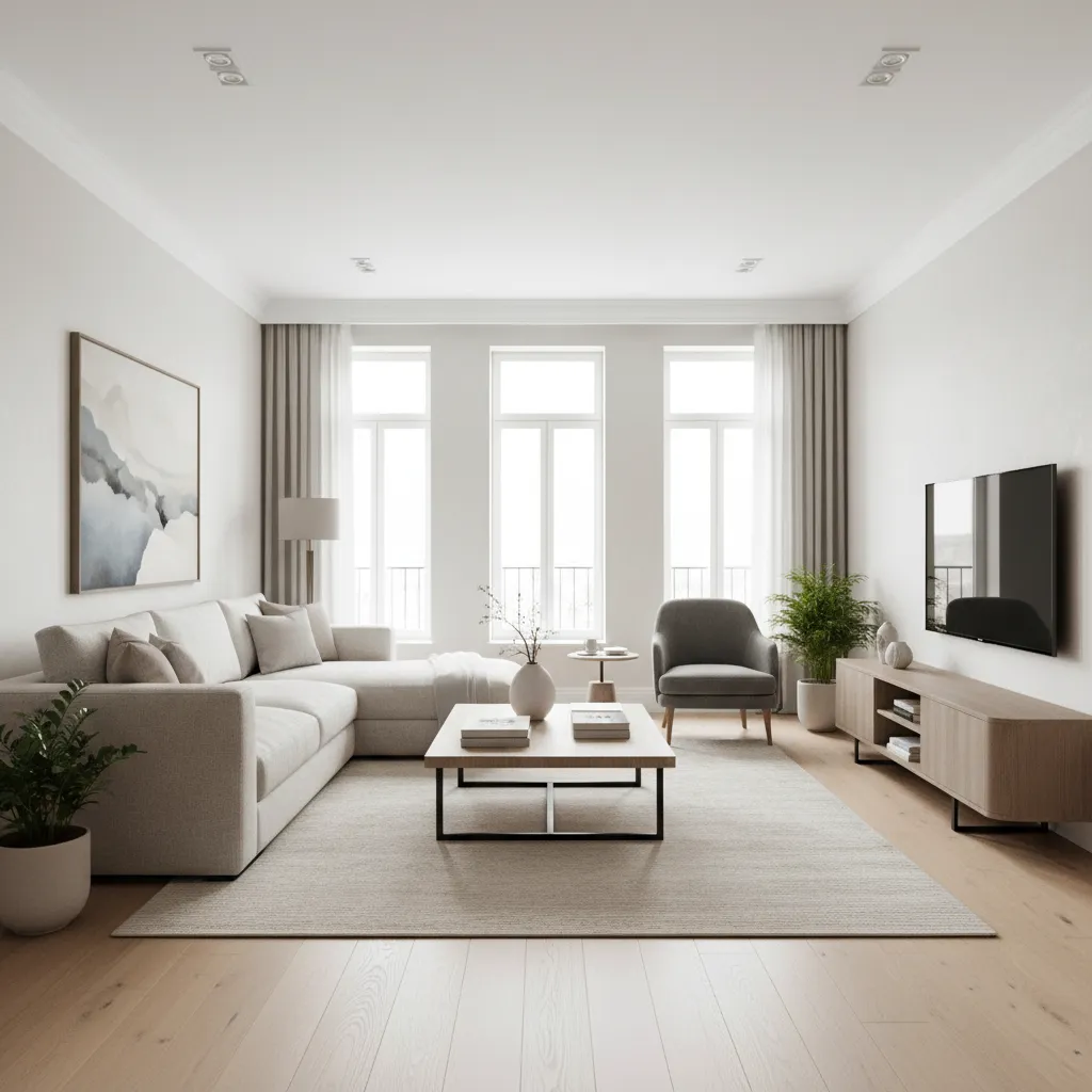 bright renovated living room showing calm finished remodeling result