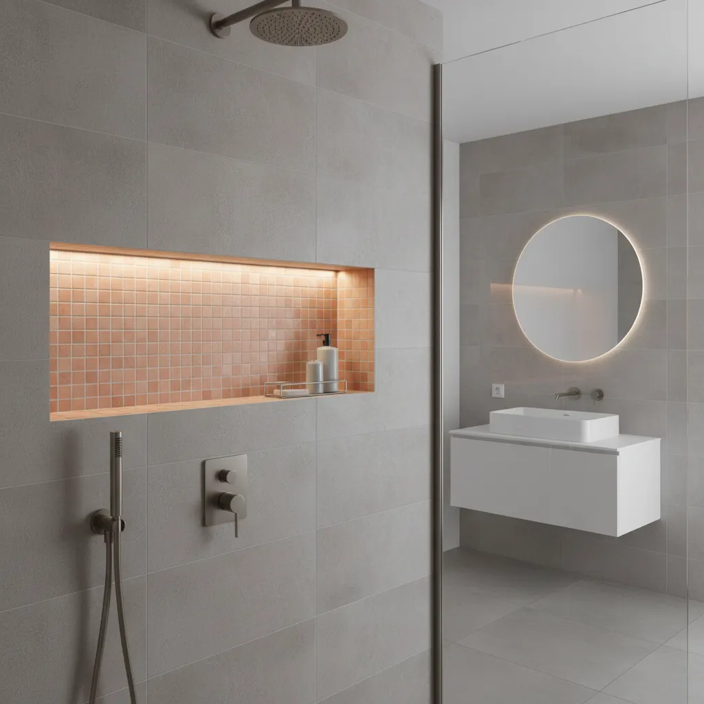 Peach tile accent niche inside a modern grey bathroom shower