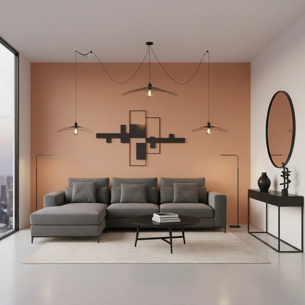 modern living room with peach wall and charcoal sofa