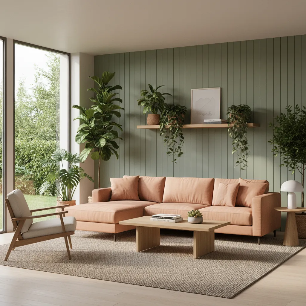 living room with peach sofa and sage green accents