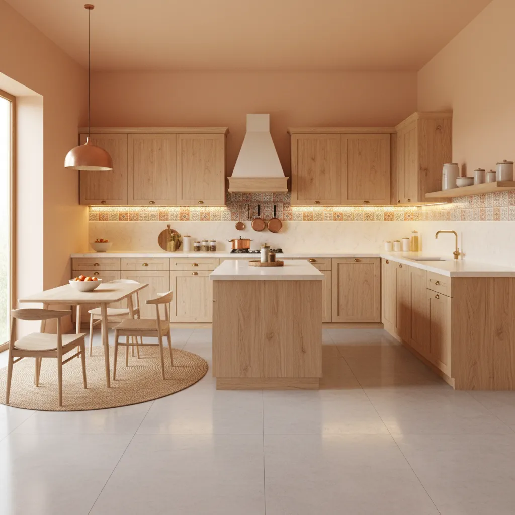 Modern peach colored kitchen walls with warm lighting and wooden cabinets