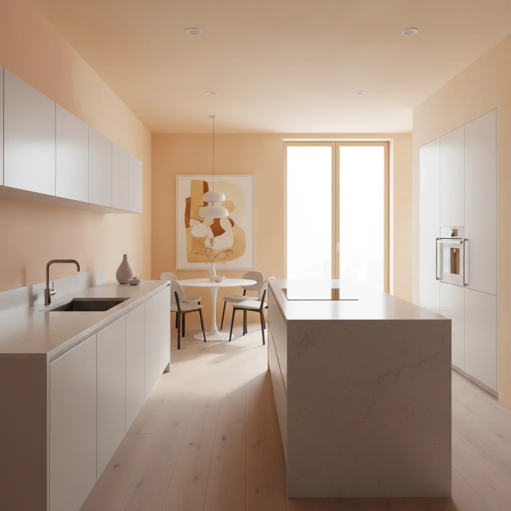 Peach and light orange kitchen wall colors representing fire element in Vastu design