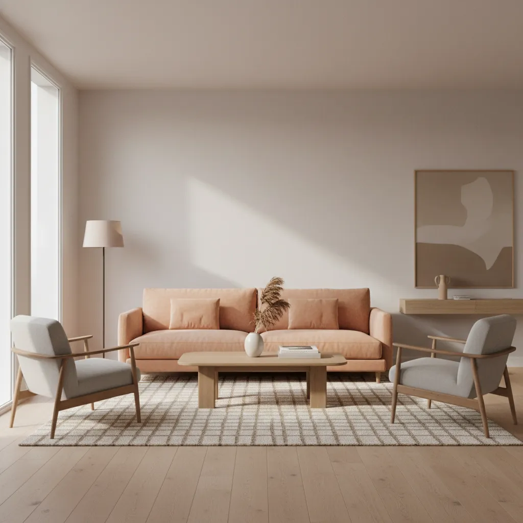 living room with peach sofa neutral walls and modern decor