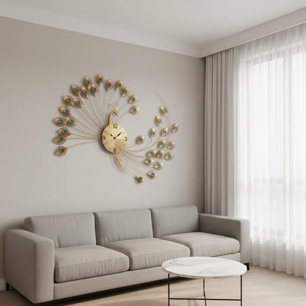 Peacock design wall clock decorating a compact apartment wall