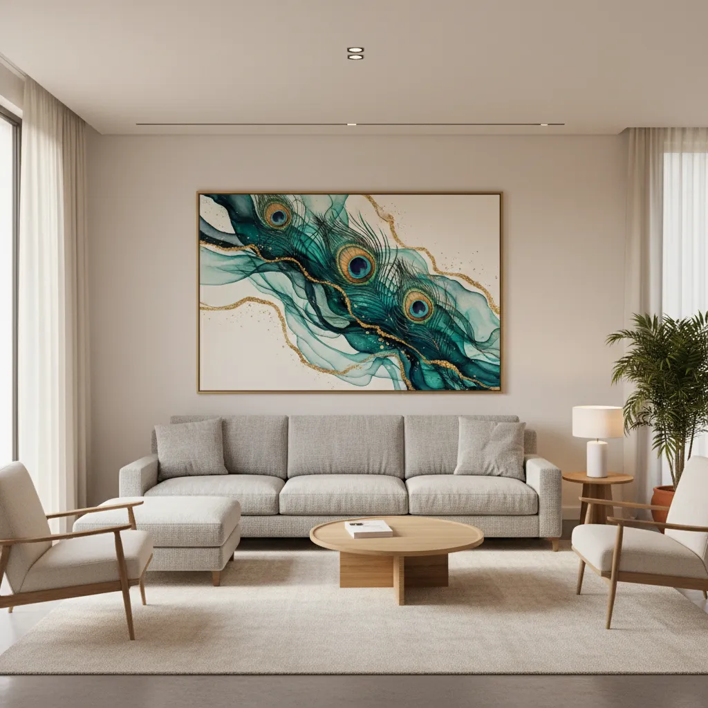 modern living room featuring peacock feather inspired wall art above sofa