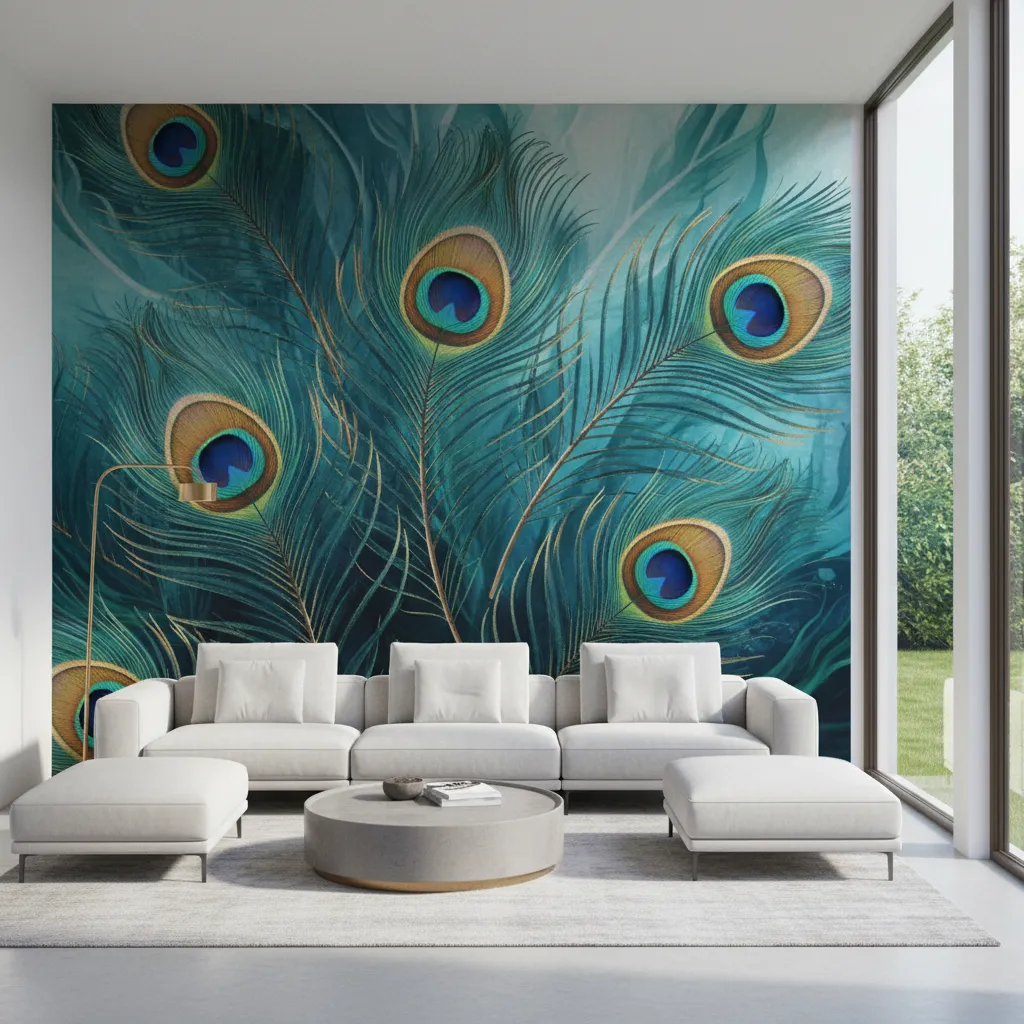 large peacock feather mural spanning a modern living room wall