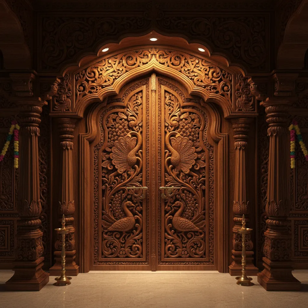 traditional pooja room door with peacock and temple arch wood carving