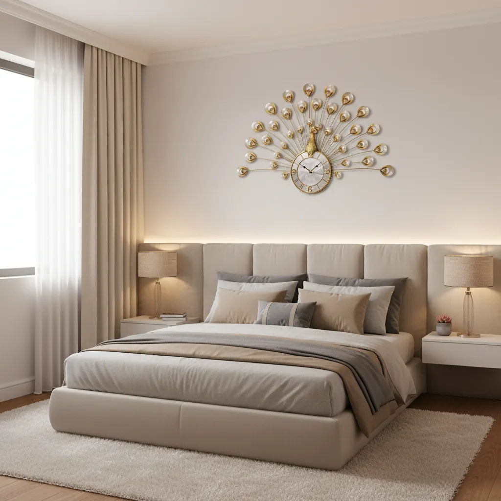 Peacock wall clock placed above a bed in a small bedroom