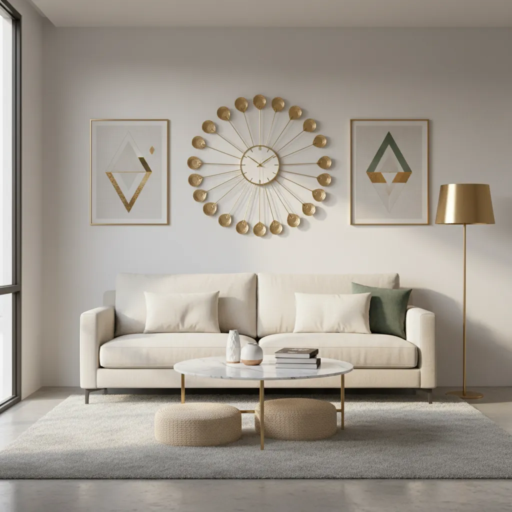 Peacock wall clock centered above a small sofa in a living room
