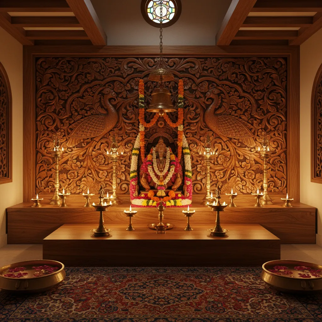 peacock carved wooden panel in traditional pooja room