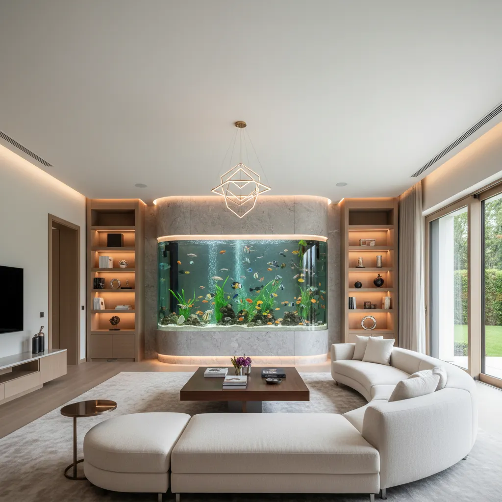 Gran pecera decorativa en un salón contemporáneo