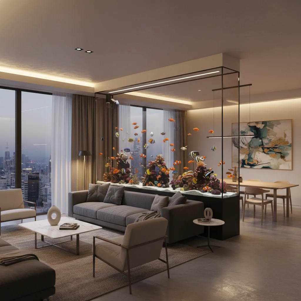 Pecera utilizada como separador entre salón y comedor