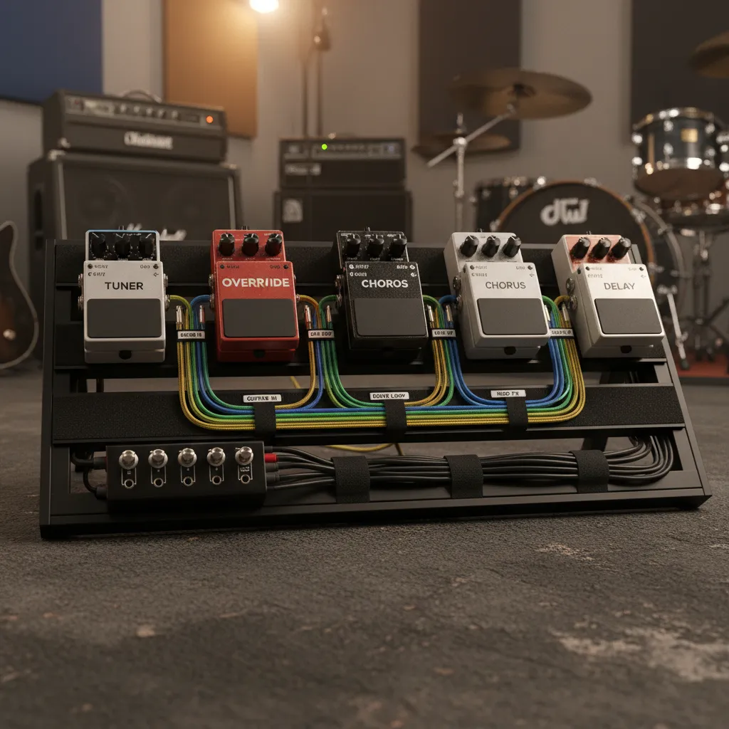Guitar pedalboard with neatly organized cables and labeled connections