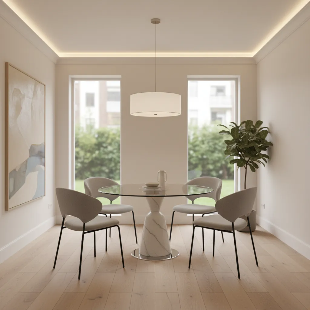 Pedestal base glass dining table with flexible seating