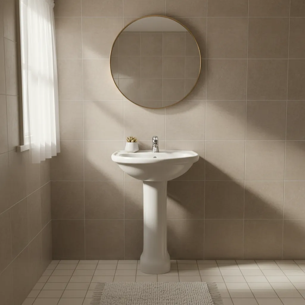 Slim pedestal sink in a compact bathroom space
