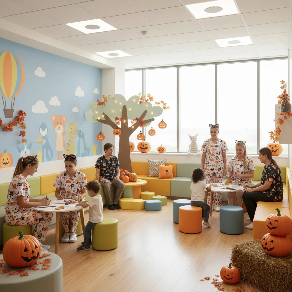 pediatric clinic staff wearing simple Halloween costumes interacting with children