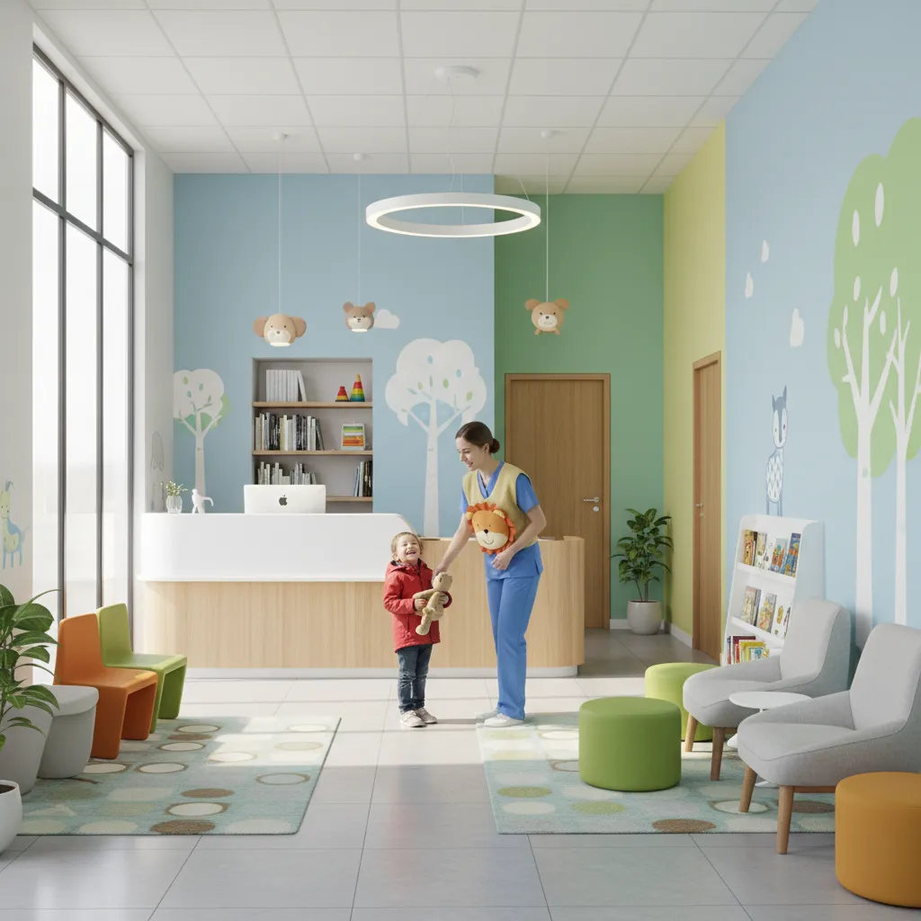 Pediatric clinic staff wearing simple friendly Halloween costumes while greeting children
