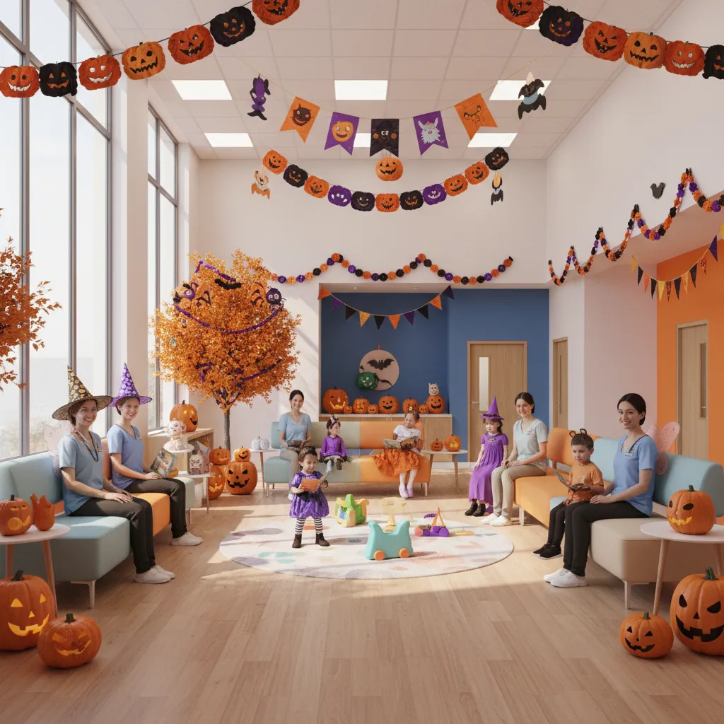 pediatric waiting room decorated for Halloween with friendly staff costumes