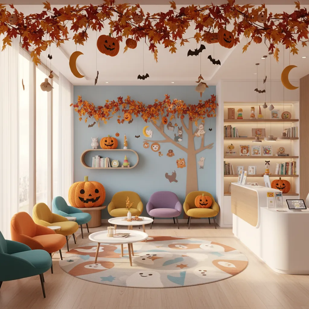 Halloween themed pediatric clinic waiting room with pumpkins and child friendly decorations