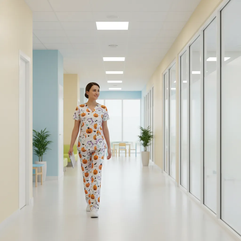 Nurse walking easily through pediatric clinic hallway wearing lightweight Halloween costume