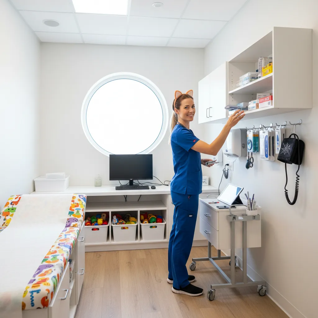 pediatric nurse moving easily in exam room wearing lightweight halloween costume accessories